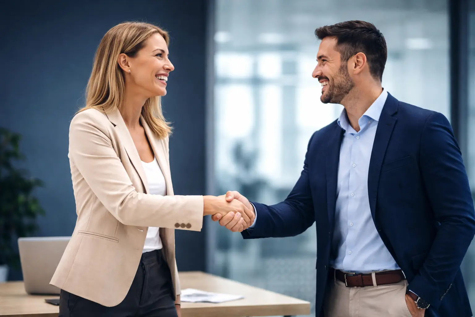 Professionnels B2B se serrant la main – relation client structurée avec Hi-Perf